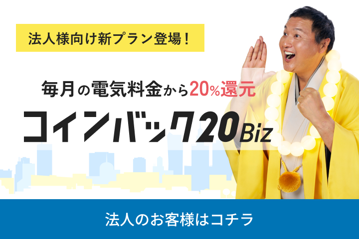法人様向け新プラン コインバック20Biz 毎月の電気料金から20%還元